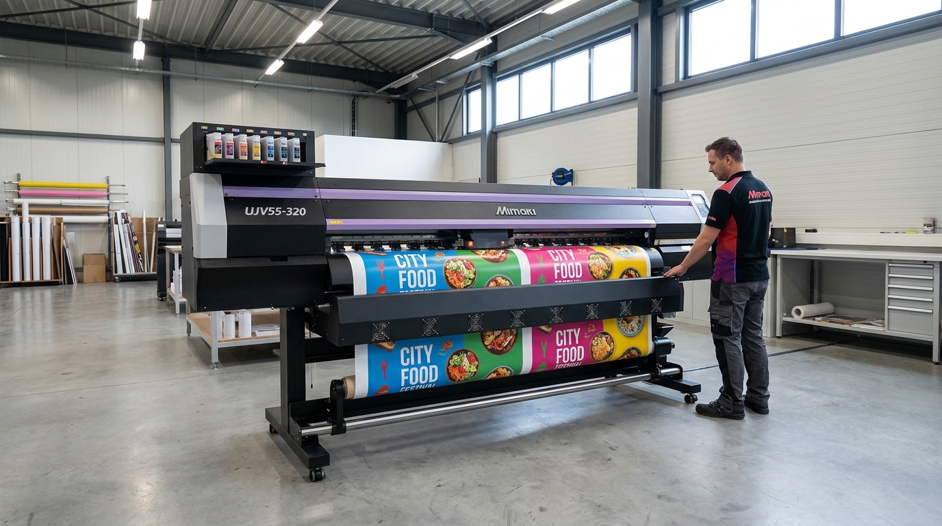 Mesin printing format besar industri beroperasi di workshop MEDIALINK Print Surabaya